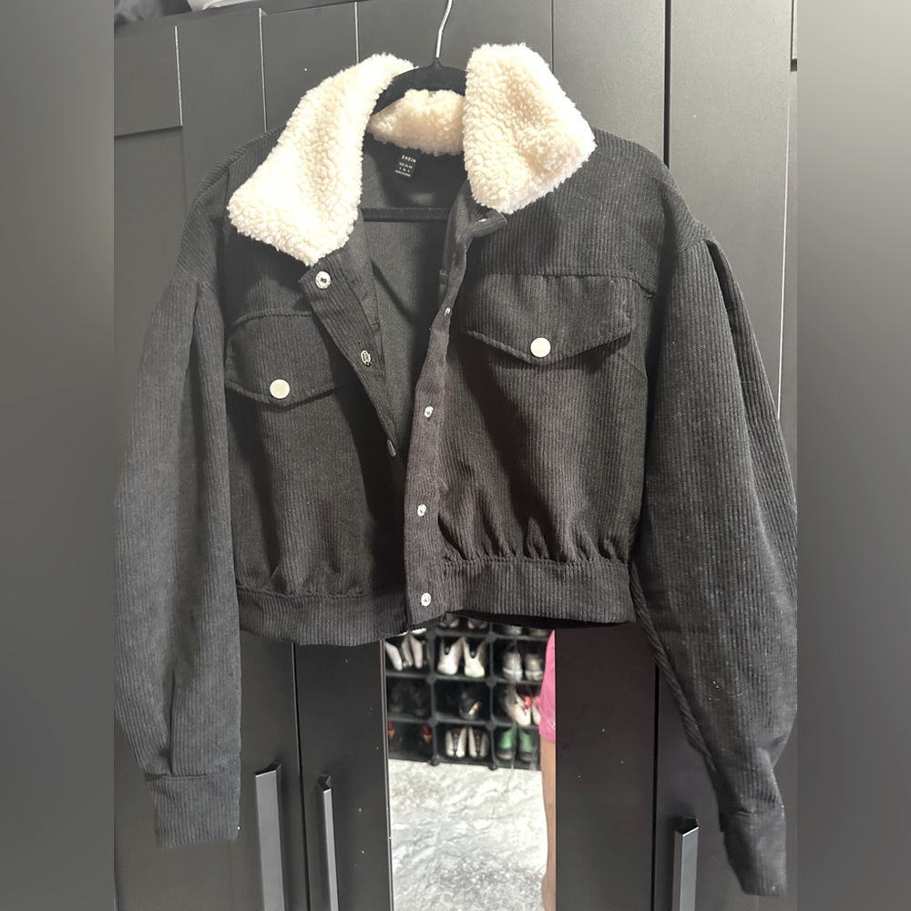 Black Corduroy Jacket with Cream Sherpa Collar